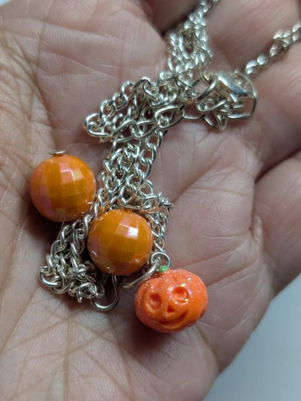 Vintage Halloween Resin Carved Pumpkin with Orange Charms Pendant Necklace